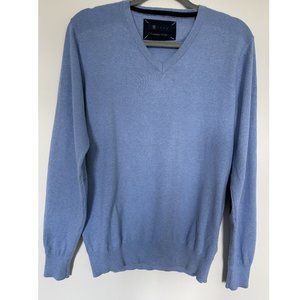 IZac Men Cashmere Cotton V-Neck Sweater - Light Blue (Large)